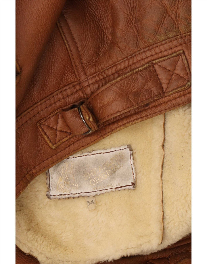 Vintage Herre Shearling Jacket IT 54 2XL Brunt Læder