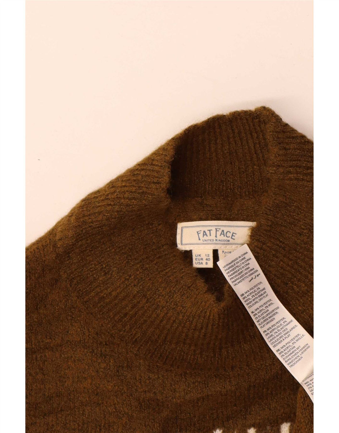 Fat Face Dame Turtle Neck Jumper Sweater UK 12 Medium Khaki Fair Isle