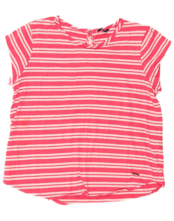 Nautica Dame T-Shirt Top UK 12 Medium Pink Stribet Bomuld
