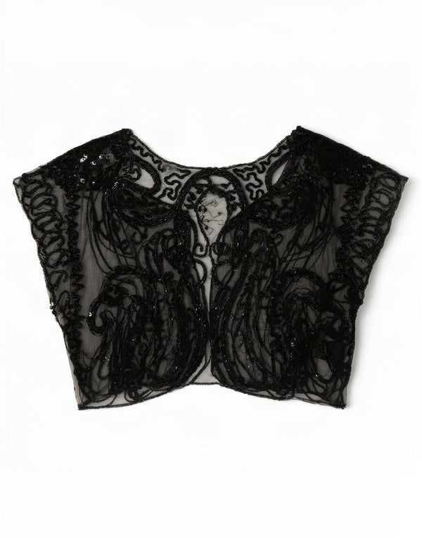 Vintage Womens Crop Ærmeløs Se Through Top UK 8 Small Black Paisley