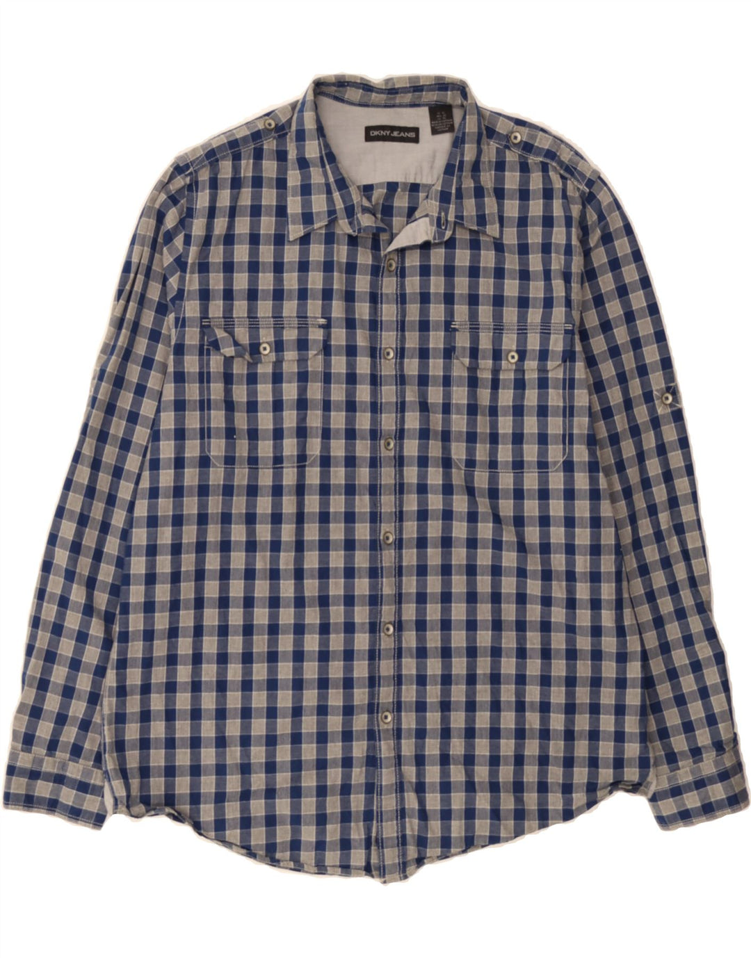 DKNY Mens Military Shirt XL Navy Blue Gingham Cotton Vintage Dkny and Second-Hand Dkny from Messina Hembry 