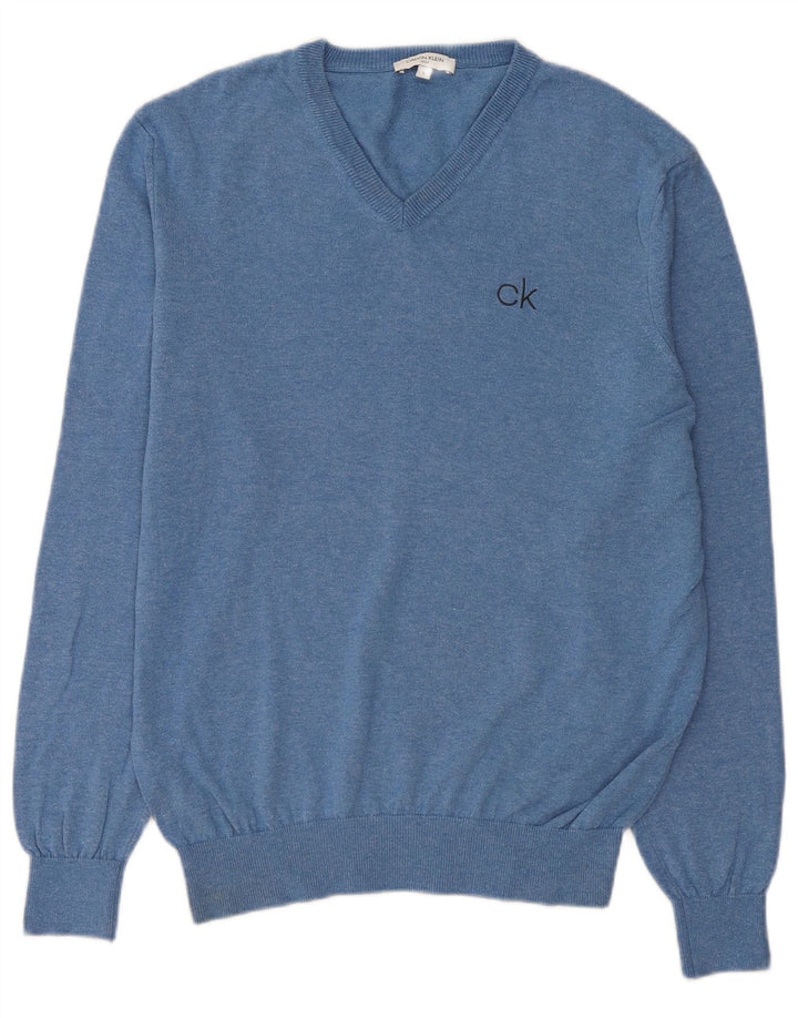 CALVIN KLEIN Mens Golf V-Neck Jumper Sweater Large Blue Cotton