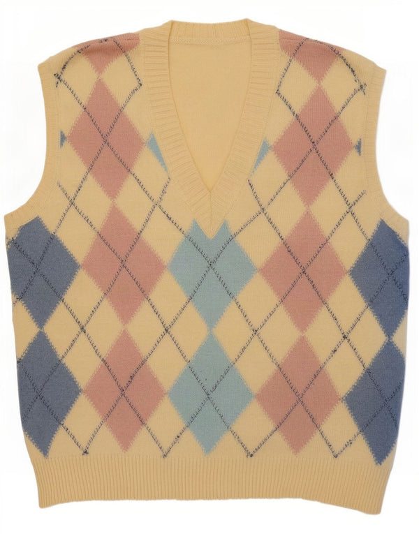 Vintage Womens Vest Tank Top UK 14 Large Yellow Argyle/Diamond