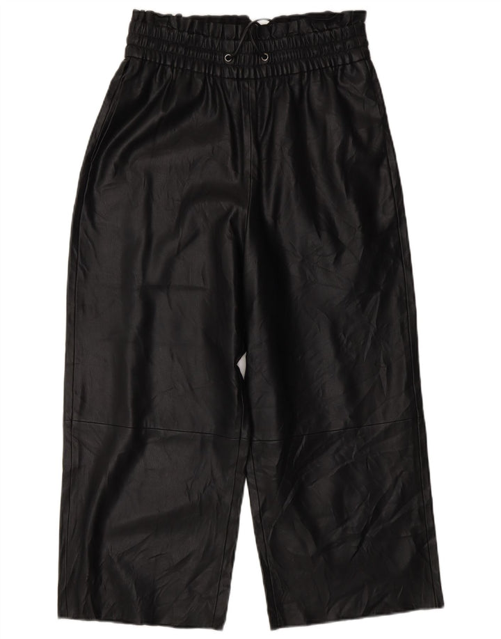 ZARA Womens Crop Wide Leg imiteret læderbukser XS W25 L20 Sort