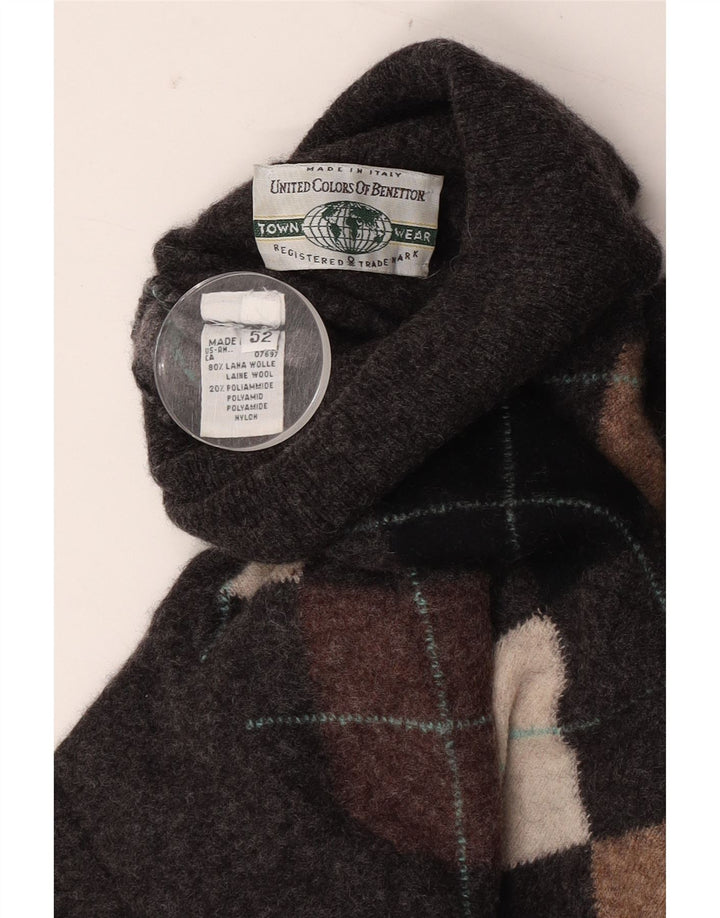 Benetton Herre Roll Neck Jumper Sweater IT 52 Large Grey Argyle/Diamond Wool