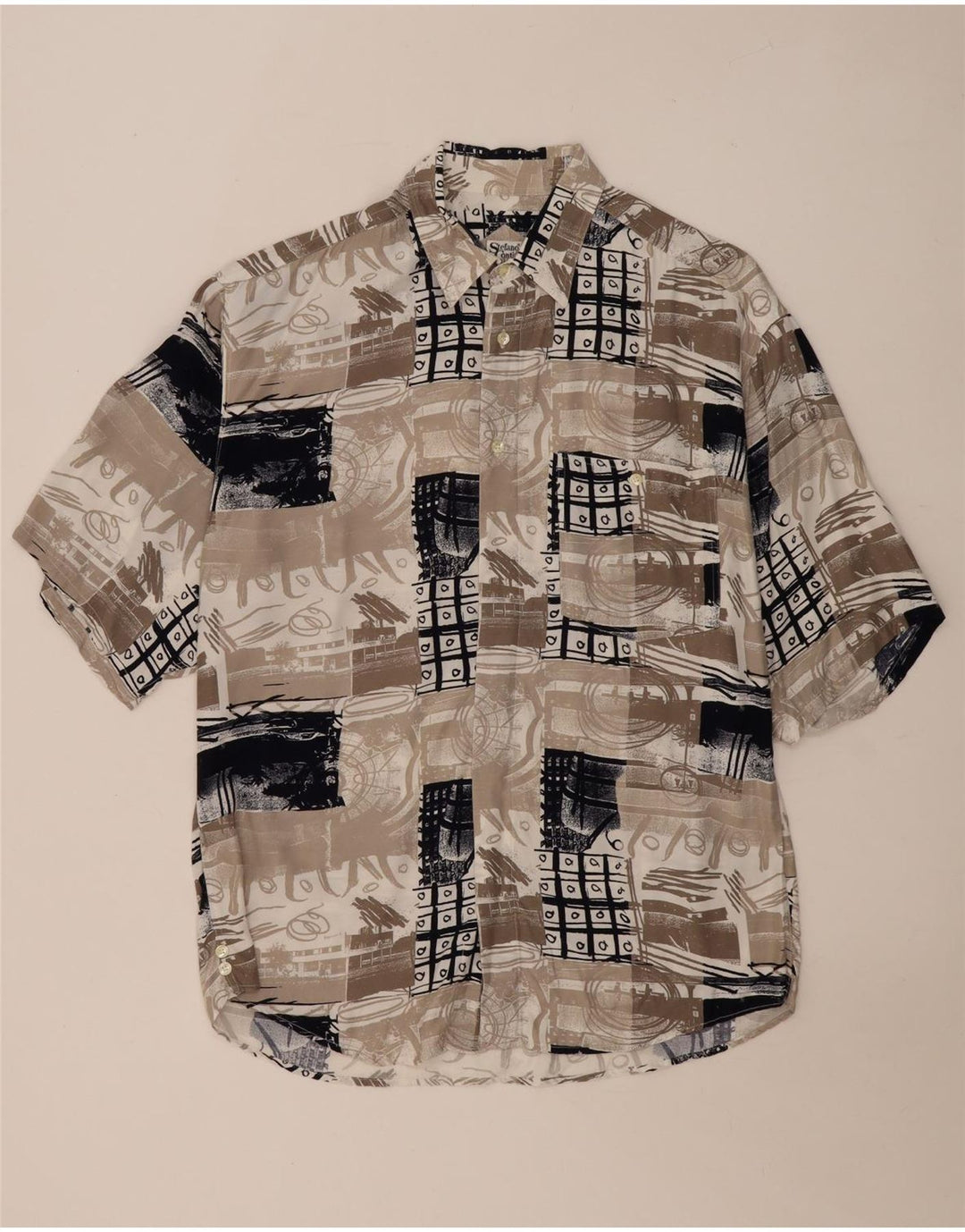 Vintage Kortærmet Herreskjorte Stor Beige Patchwork