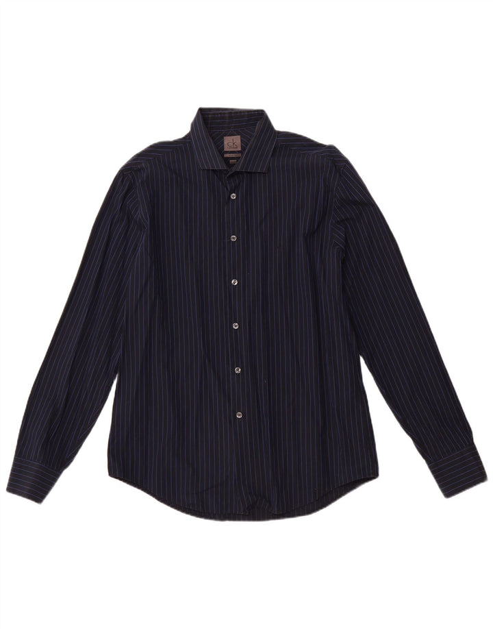 CALVIN KLEIN Herre Slim Fit skjorte str. 16 41 Stor marineblå stribet bomuld