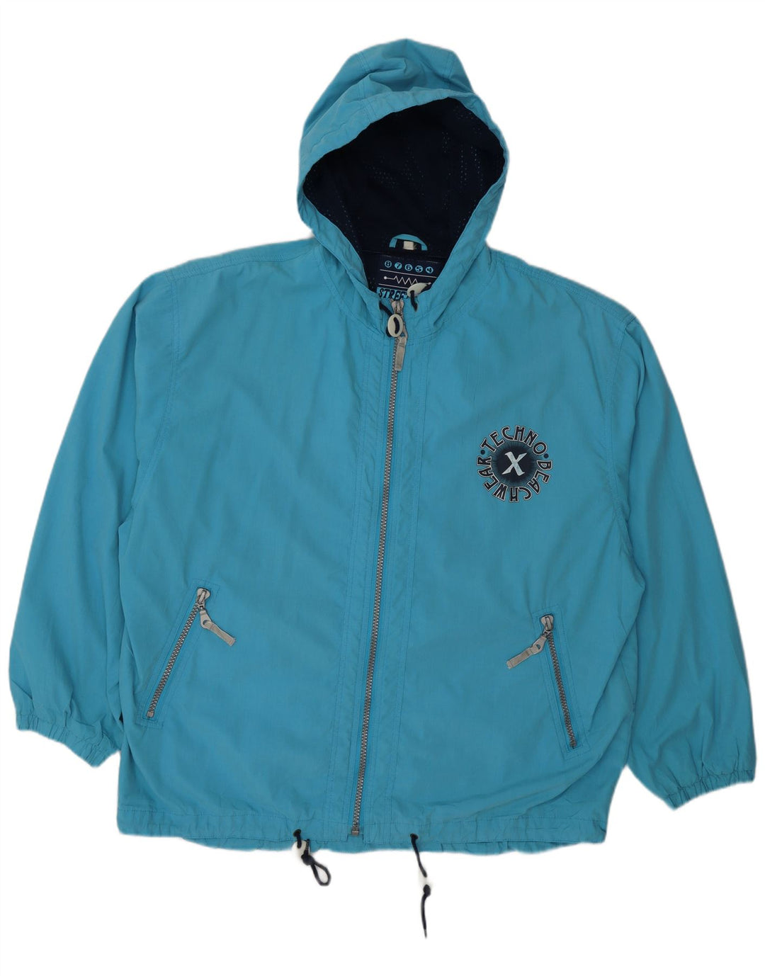 VINTAGE Mens Graphic Hooded Windbreaker Jacket UK 42 XL Blue Polyester