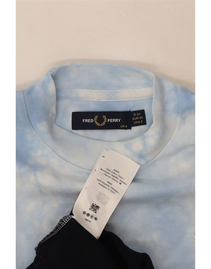 FRED PERRY Womens Graphic Sweatshirt Jumper UK 8 Small  Navy Blue Tie Dye Vintage Fred Perry and Second-Hand Fred Perry from Messina Hembry 