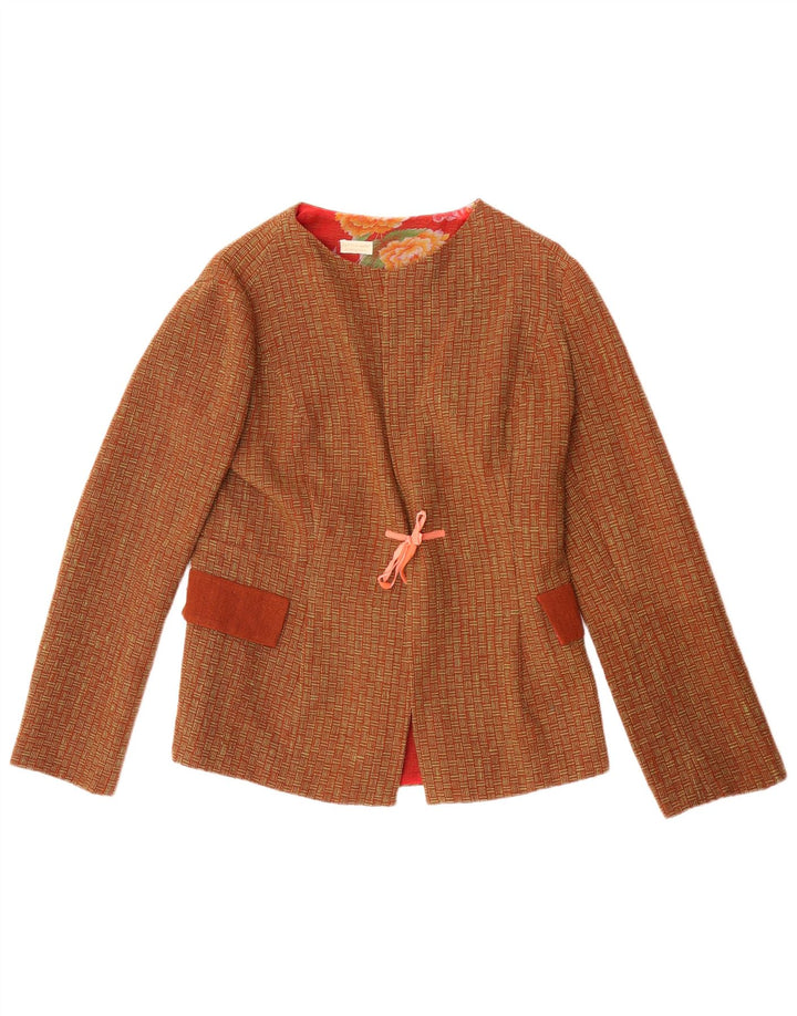 Fatto a Mano Dame Blazer Jacket UK 8 Lille brun geometrisk uld