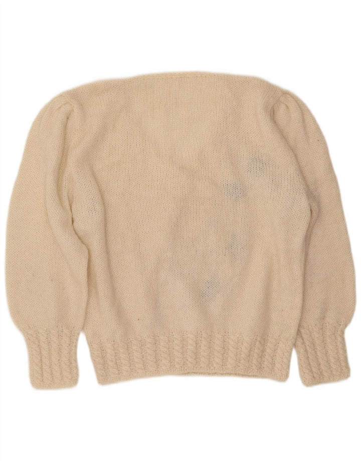 VINTAGE Dame V-hals sweater UK 16 Large Off White Floral