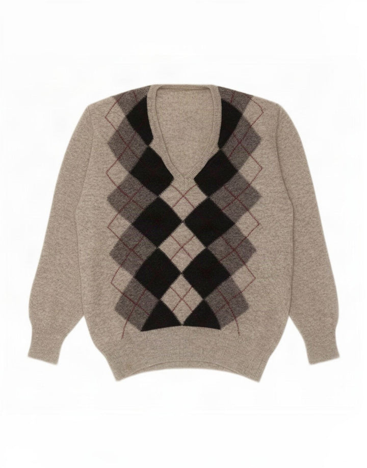 Vintage Herre V-hals sweater Small Grey Argyle/Diamond