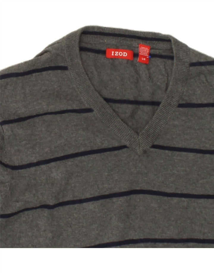 IZOD Mens V-Neck Jumper Sweater Large Grey Striped Vintage Izod and Second-Hand Izod from Messina Hembry 