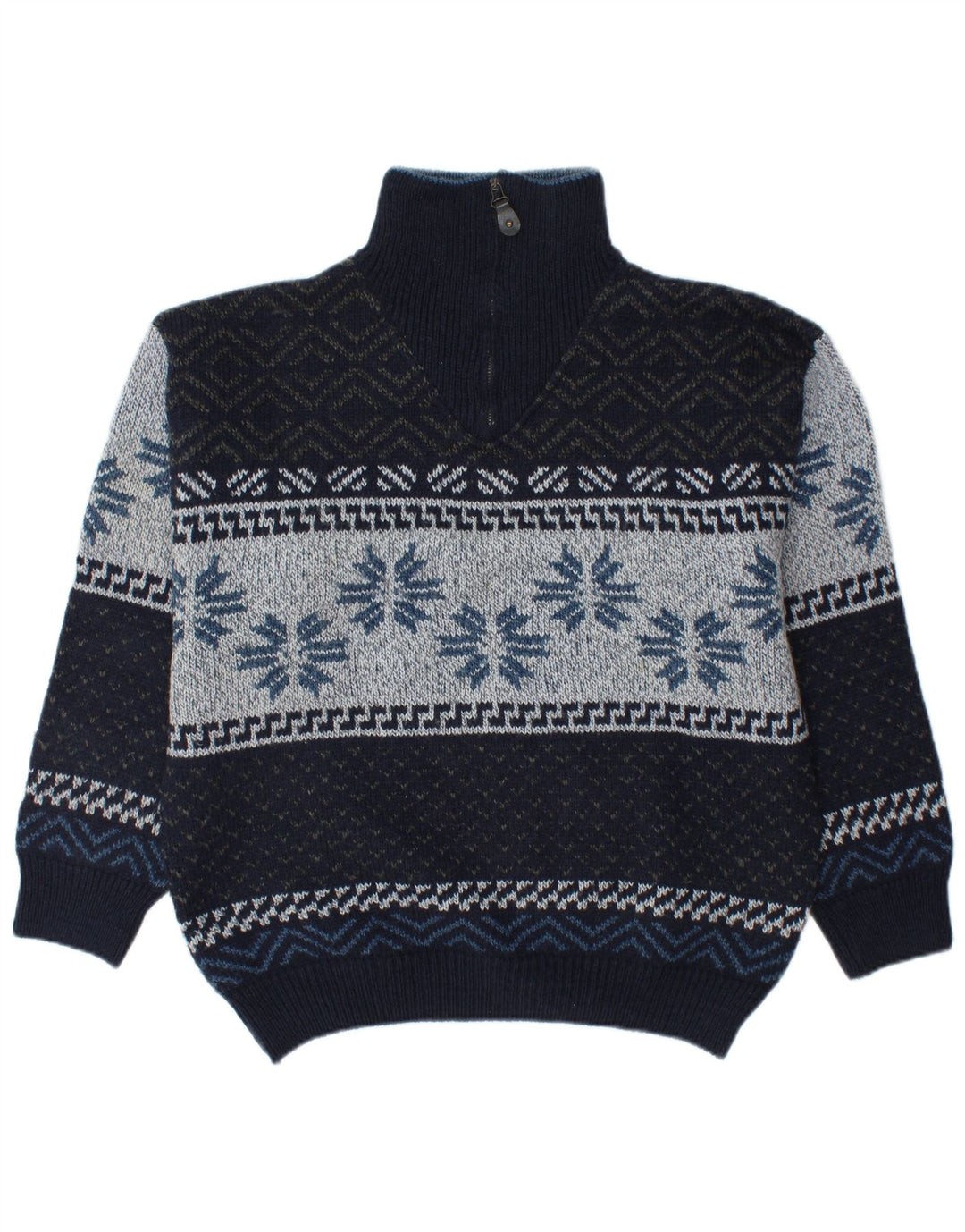 CAMARGUE Herre Zip Neck Sweater Medium Navy Blue Fair Isle Winter