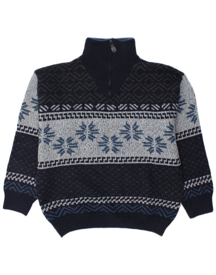 CAMARGUE Herre Zip Neck Sweater Medium Navy Blue Fair Isle Winter