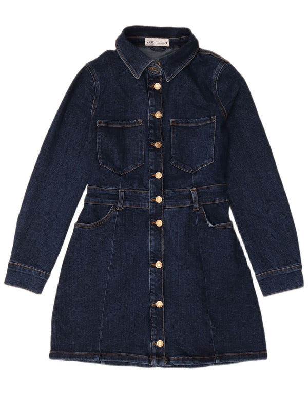 Zara Dame Langærmet Denim Kjole UK 12 Medium Navy Blue Bomuld