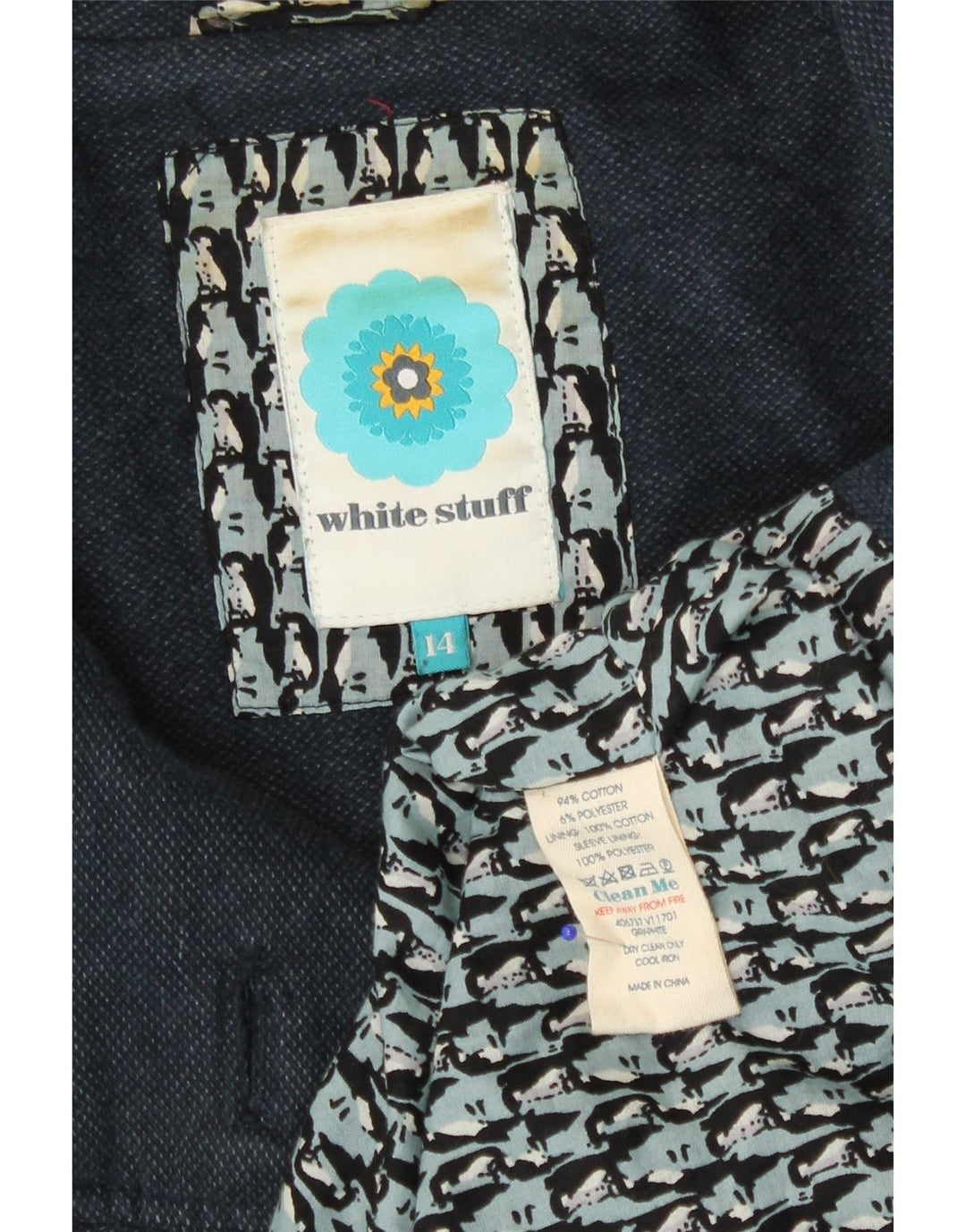 White Stuff Dame Dobbeltradet Frakke UK 14 Medium Navy Blue Bomuld