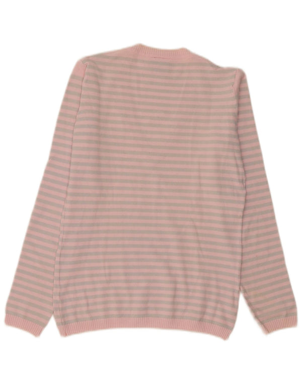Lacoste Womens V-Neck Jumper Sweater Size 36 Small Pink Striped Cotton