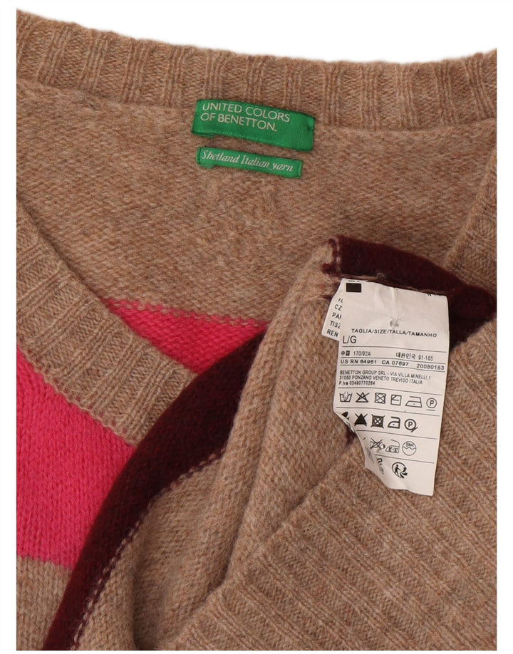 Benetton Dame Cardigan Sweater UK 16 Stor Grå Stribet Uld