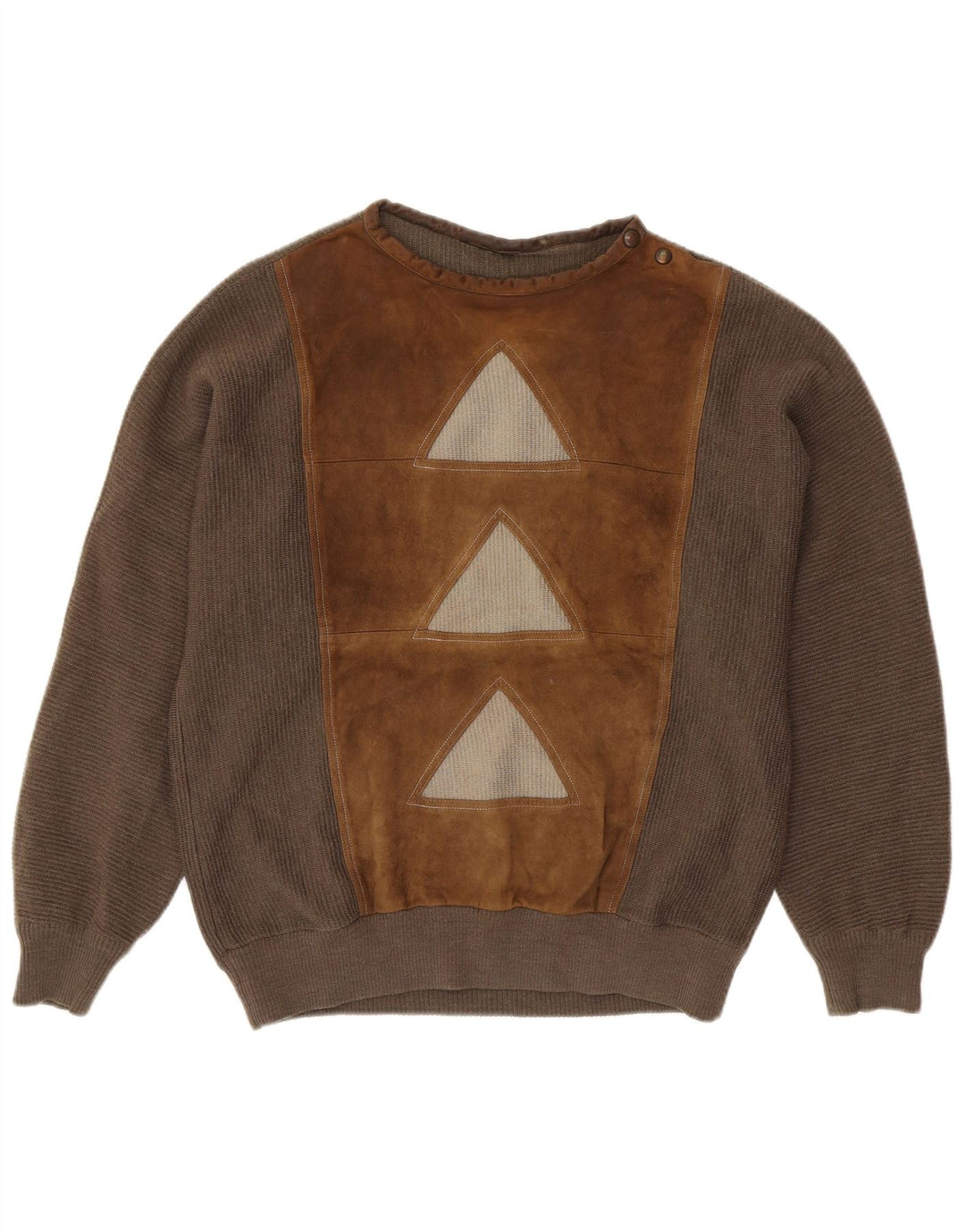 VINTAGE Herre Button Neck Jumper Sweater Stor Brun Geometrisk Uld