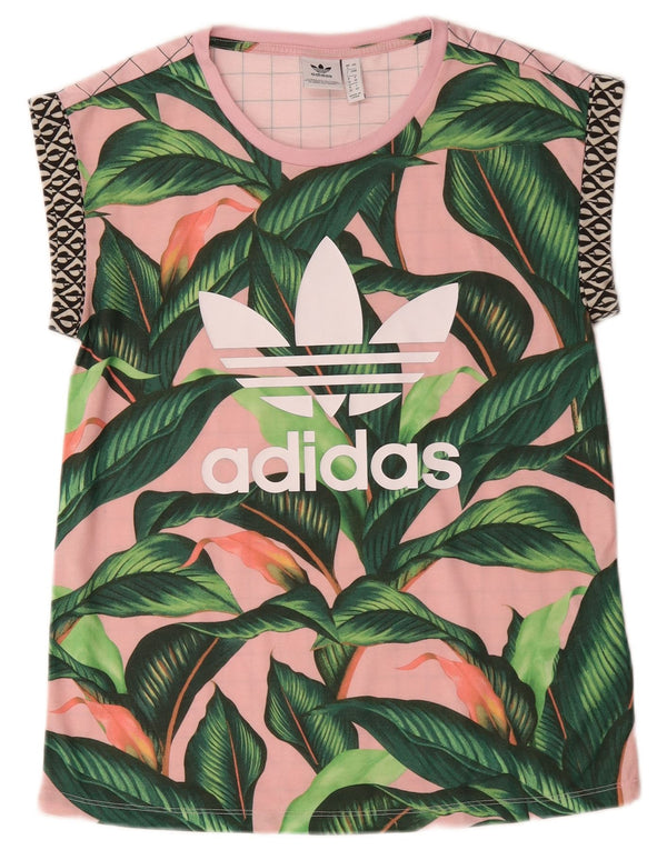 Adidas Grafisk T-Shirt Top UK 8 Small Pink Floral Polyester