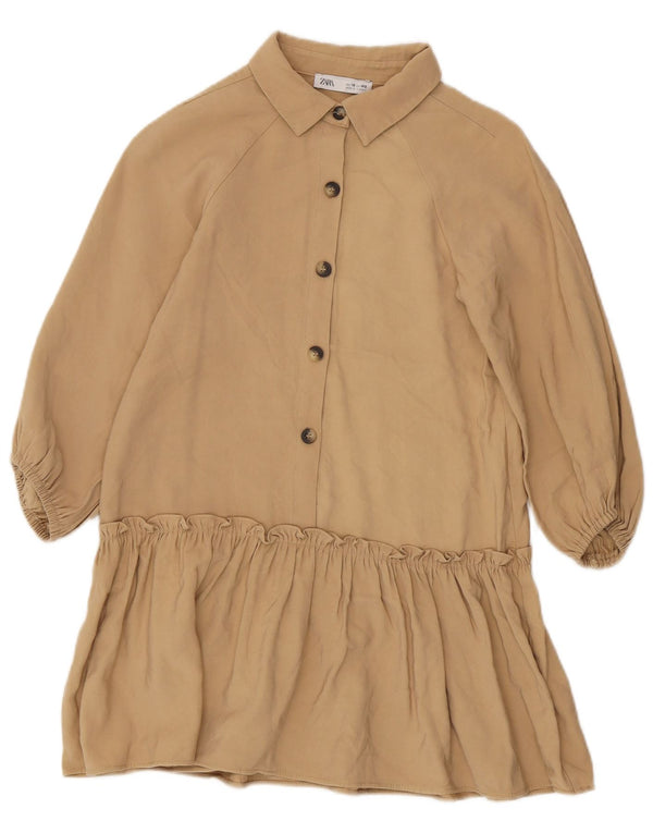 Zara Girls Ruffle Drop Waist Dress 9-10 Years Beige Viscose