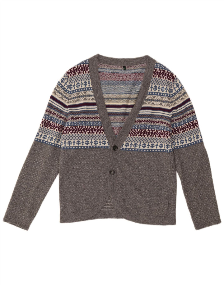 Benetton Dame Cardigan Sweater UK 14 Medium Grey Fair Isle Wool