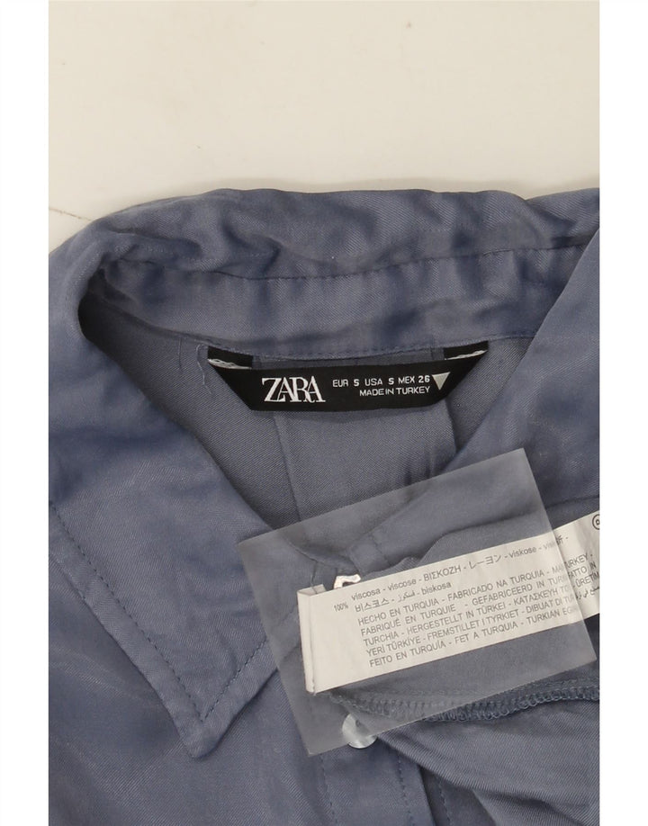 Zara Kvinders Oversized Crop Kortærmet Skjortebluse UK 10 Lille Blå