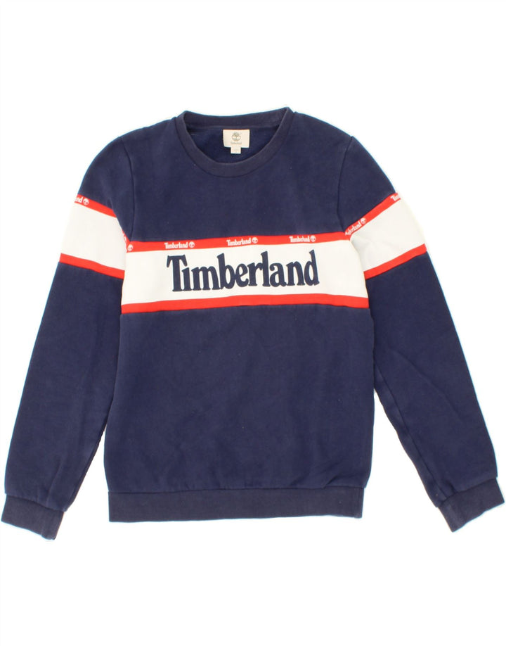 TIMBERLAND Boys Graphic Sweatshirt Jumper 13-14 Years Small  Navy Blue Vintage Timberland and Second-Hand Timberland from Messina Hembry 