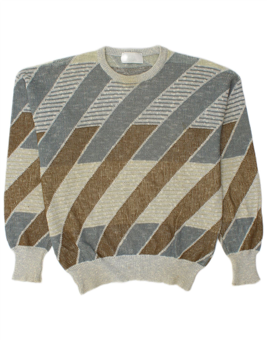 Vintage herre rund hals sweater medium flerfarvet stribet bomuld