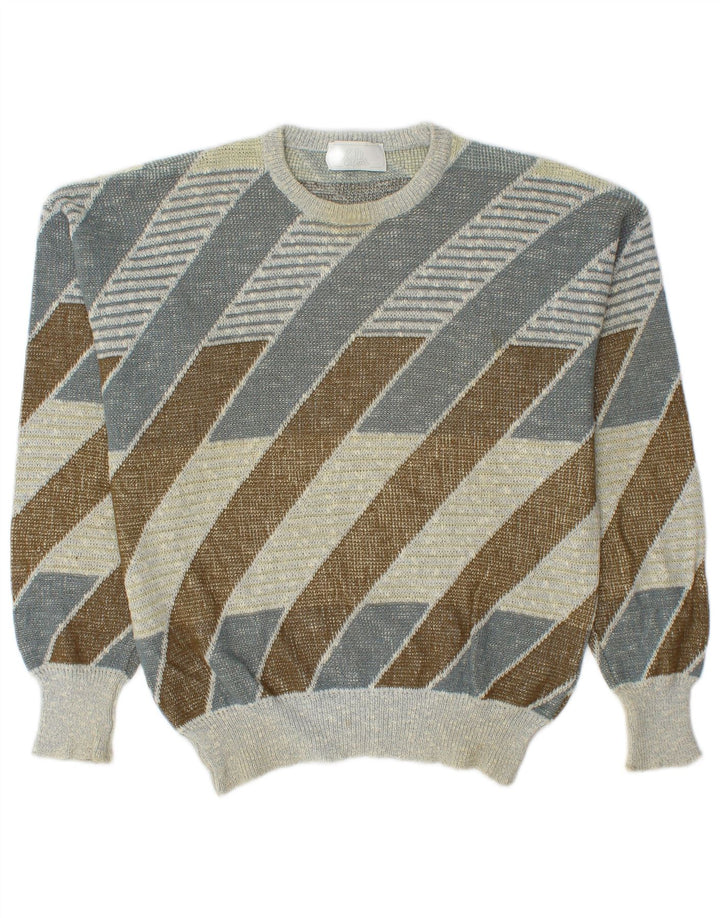 Vintage herre rund hals sweater medium flerfarvet stribet bomuld