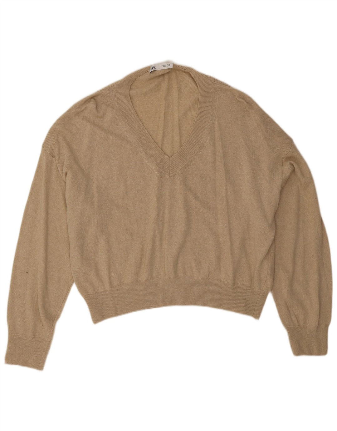 Zara Womens Crop Oversized V-hals sweater UK 14 Medium Beige Viscose