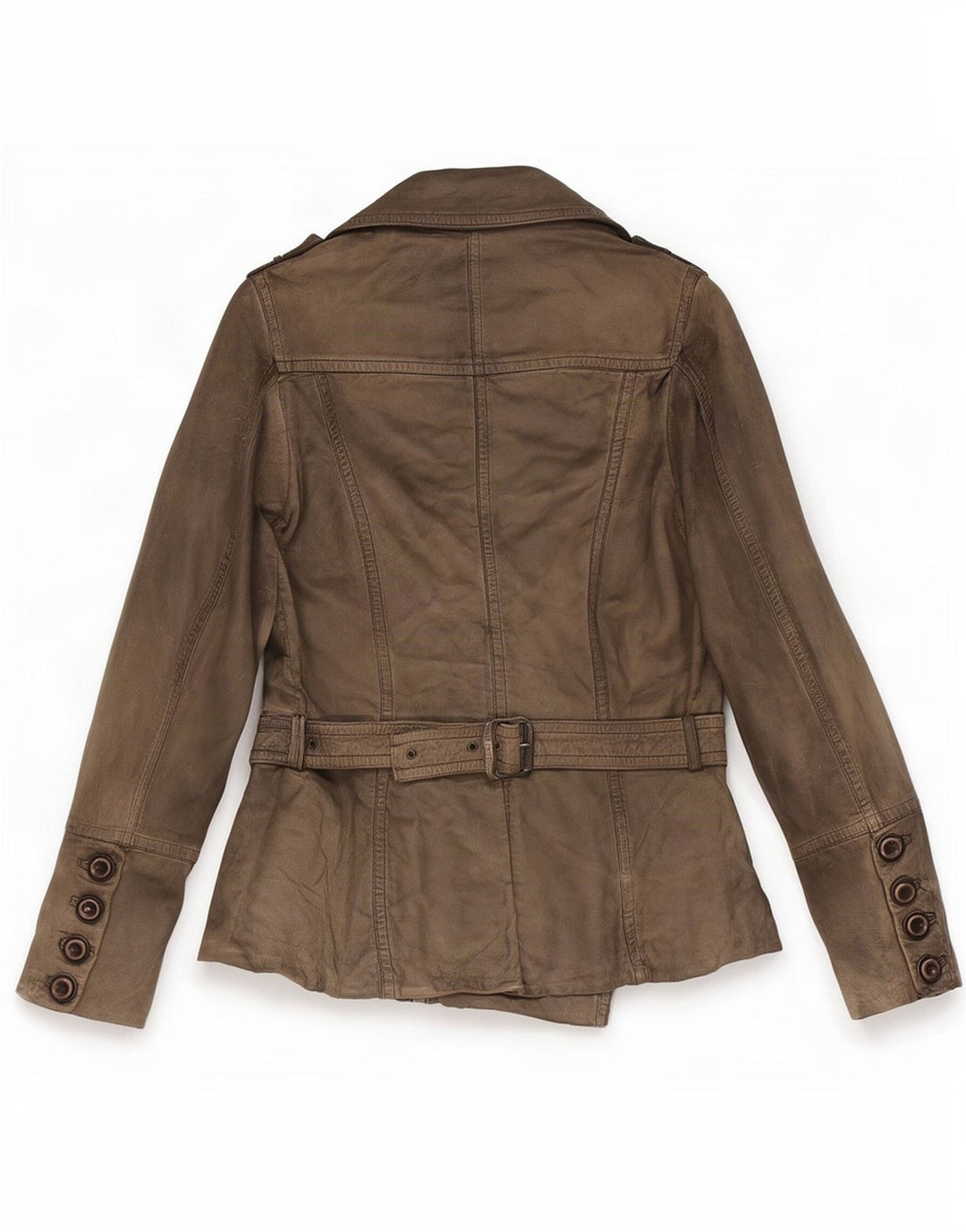 Vintage dame militær dobbeltradet læderjakke EU 38 Medium Khaki