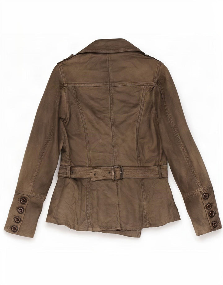 Vintage dame militær dobbeltradet læderjakke EU 38 Medium Khaki