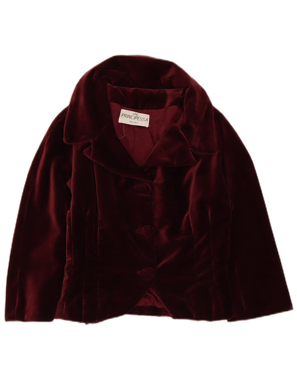 Vintage dame 3/4 ærmet fløjl Bolero jakke UK 12 Medium Burgundy
