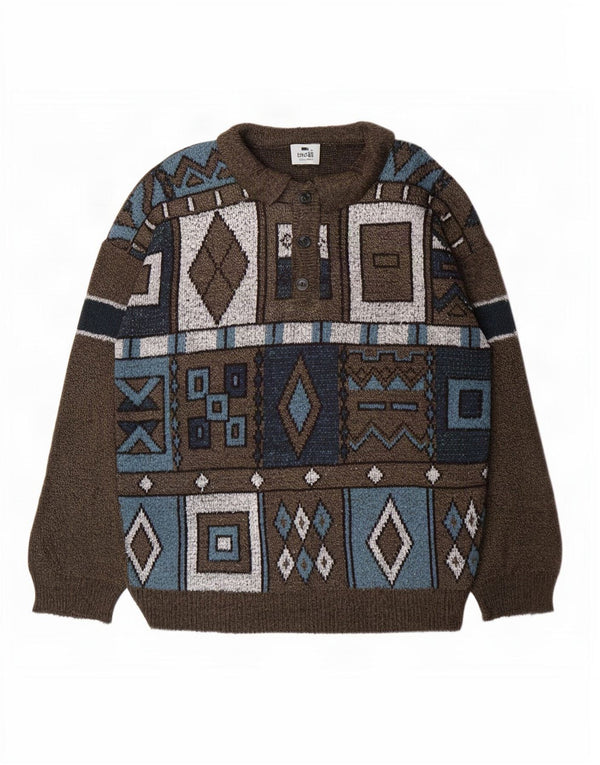 Vintage Mens Polo Neck Jumper Sweater Large Brown Geometric