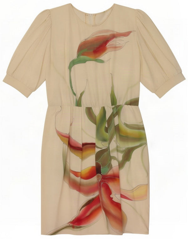 Vintage Womens Graphic Sheath Dress UK 12 Medium Off White Floral