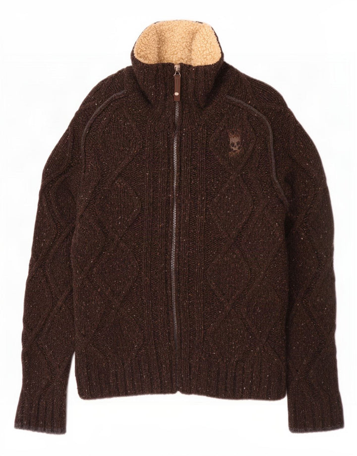 Energie Herre strik sherpajakke UK 40 Large Brown Flecked Wool