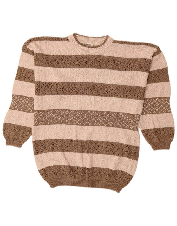 Vintage Dame Oversized Crew Neck Jumper Sweater UK 10 Lille Brun Stribet