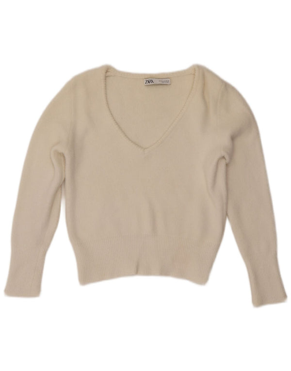 Zara Womens Crop V-hals sweater UK 12 Medium Off White Nylon