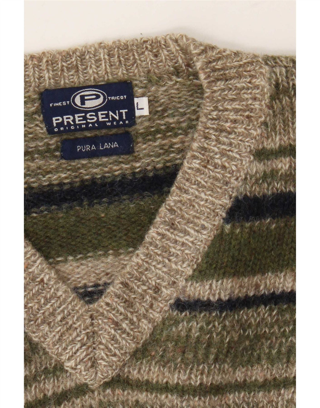 Vintage herre V-hals sweater stor kaki stribet uld