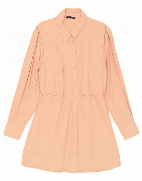 Zara Womens Long Sleeve Shirt Dress UK 16 Large Pink Polyester