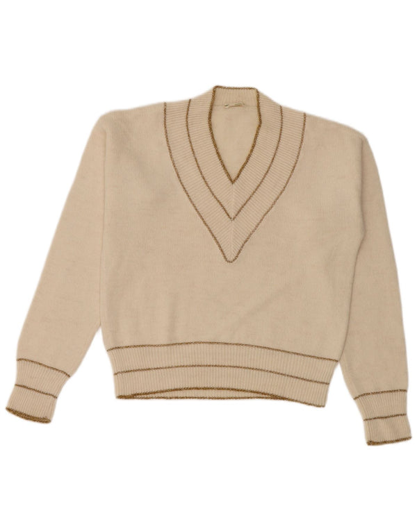 Vintage Dame V-hals sweater UK 10 Small Off White Stribet