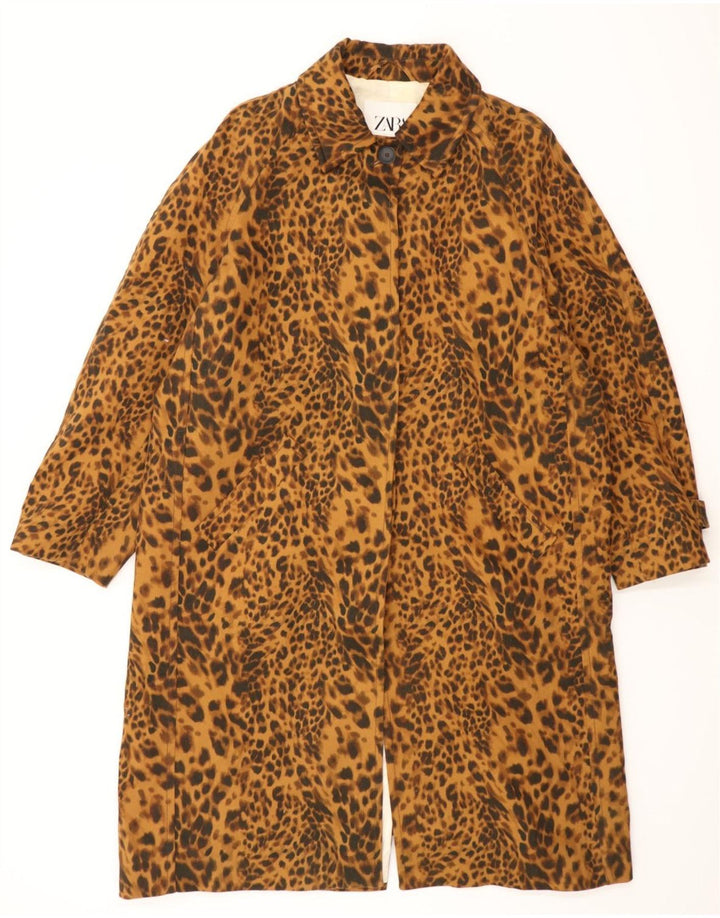 Zara Dame Oversized Overfrakke UK 14 Medium Brown Animal Print Bomuld