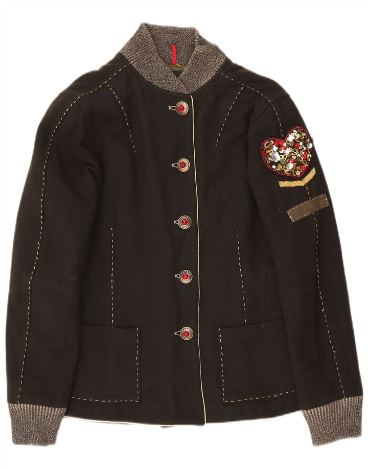 Calvin Klein Graphic Bomber Jacket UK 14 Large Khaki Wool