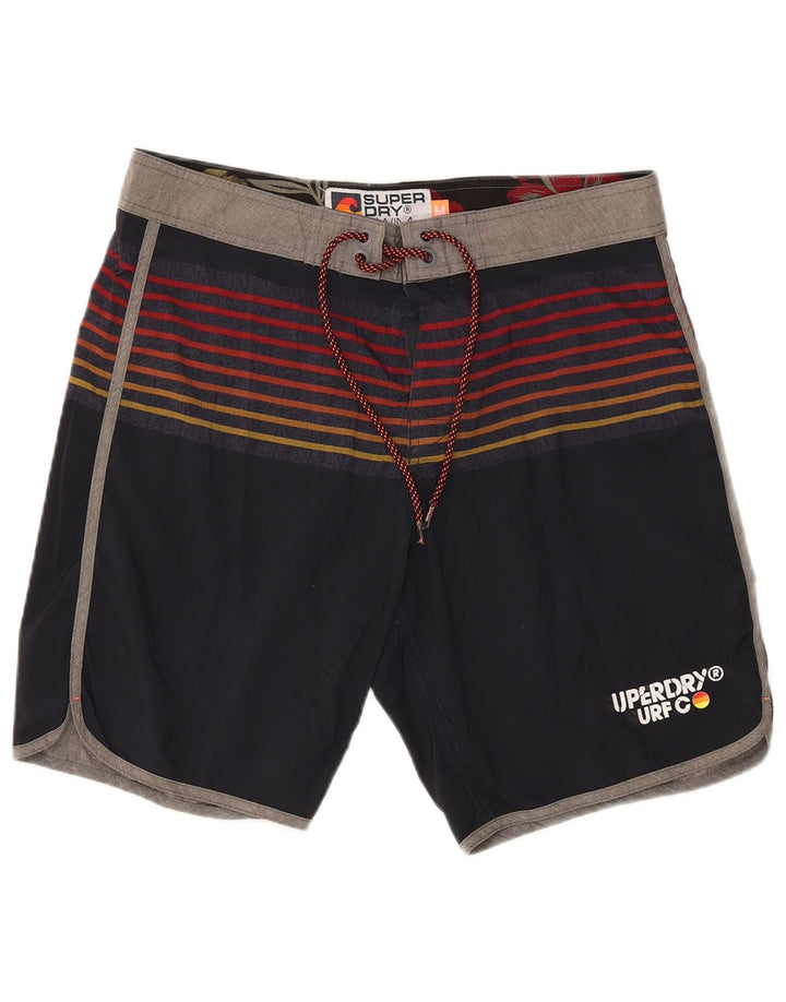 SUPERDRY Mens Graphic Swimming Shorts Medium Navy Blue Striped Polyester