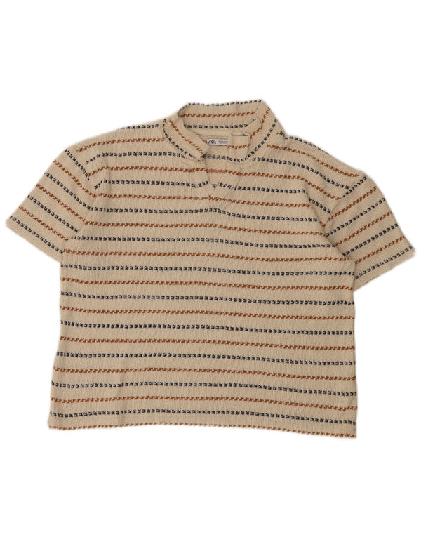 Zara Dame Kortærmet V-hals Jumper Sweater UK 14 Medium Beige Stribet