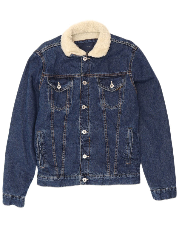 ZARA Sherpa denimjakke til mænd UK 40 Stor marineblå bomuld