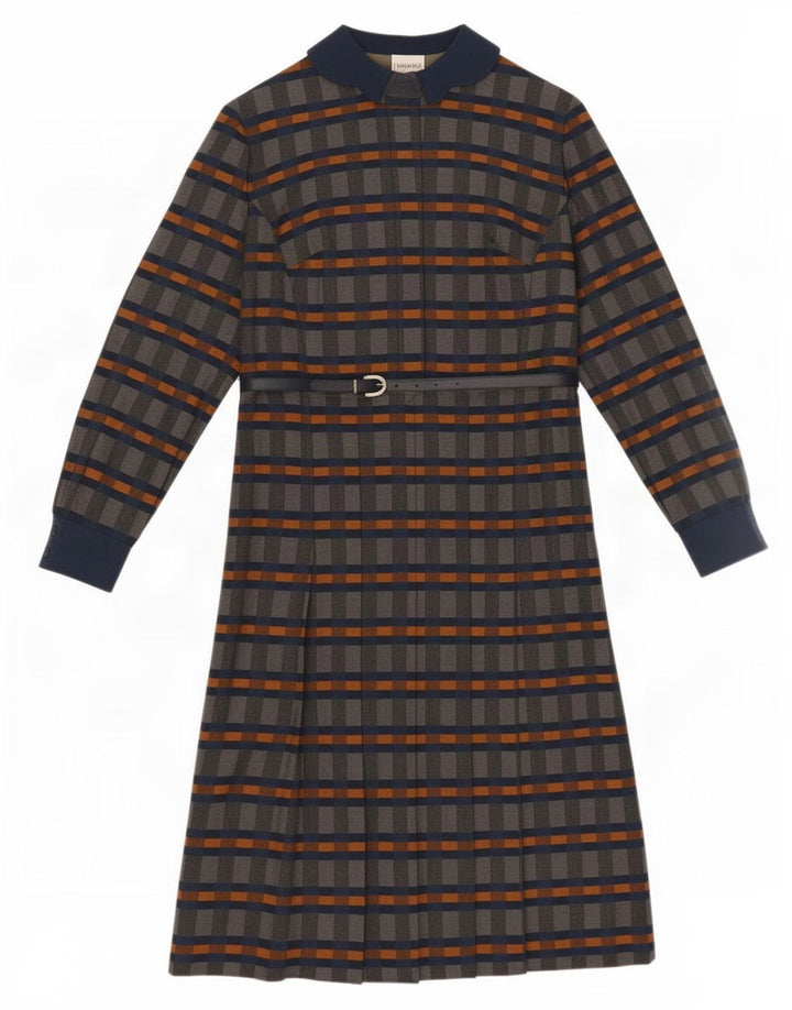 Vintage Dame Langærmet A-Line Kjole IT 42 Medium Grey Ternet polyester