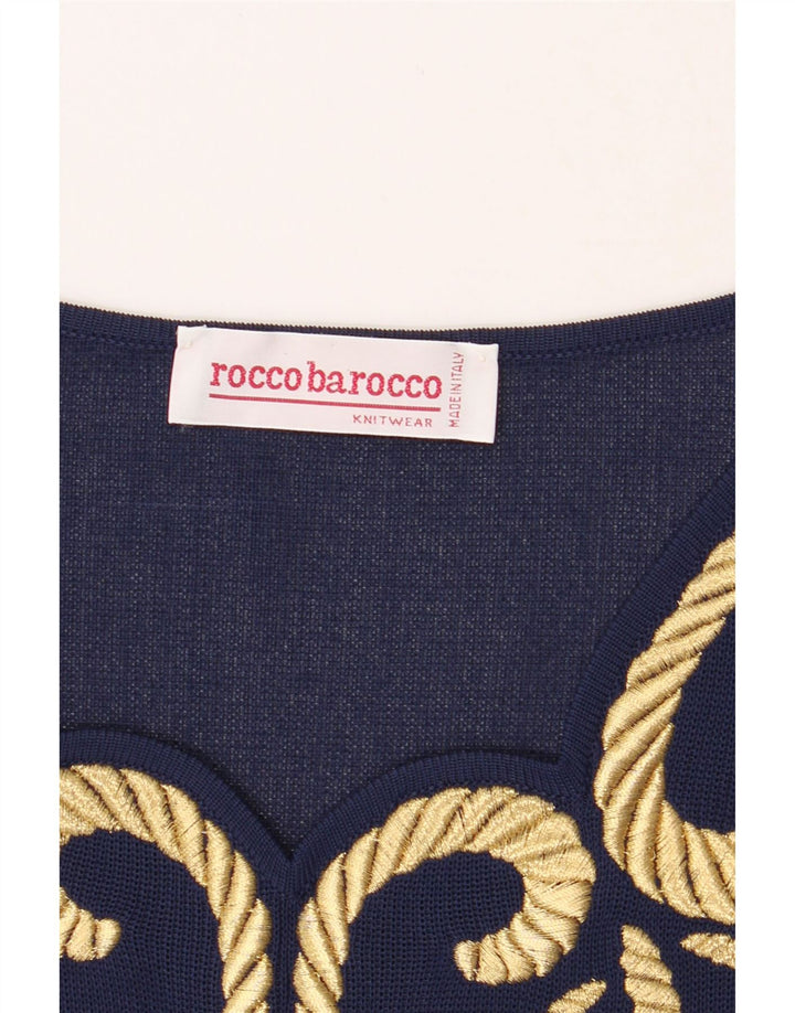 ROCCOBAROCCO Womens V-Neck Jumper Sweater IT 44 Medium Navy Blue Floral Vintage Roccobarocco and Second-Hand Roccobarocco from Messina Hembry 